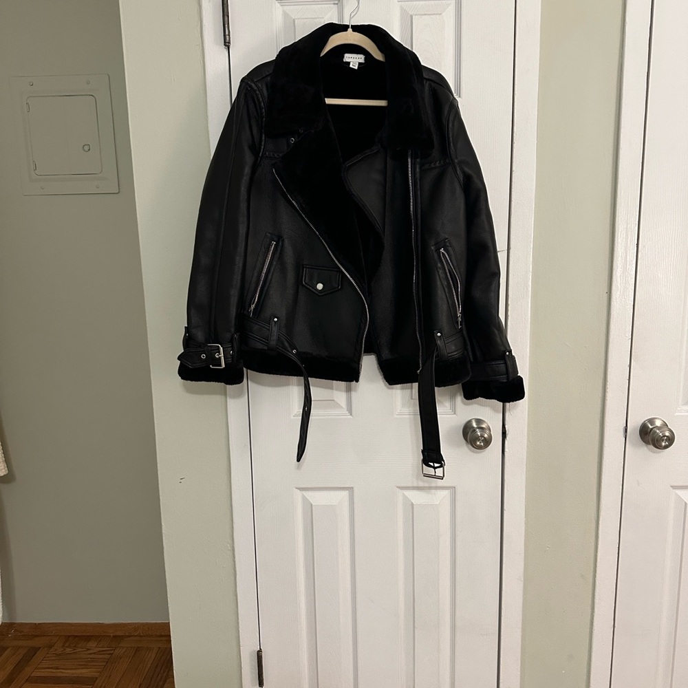 Topshop Black Leather Jacket with Silver Accents